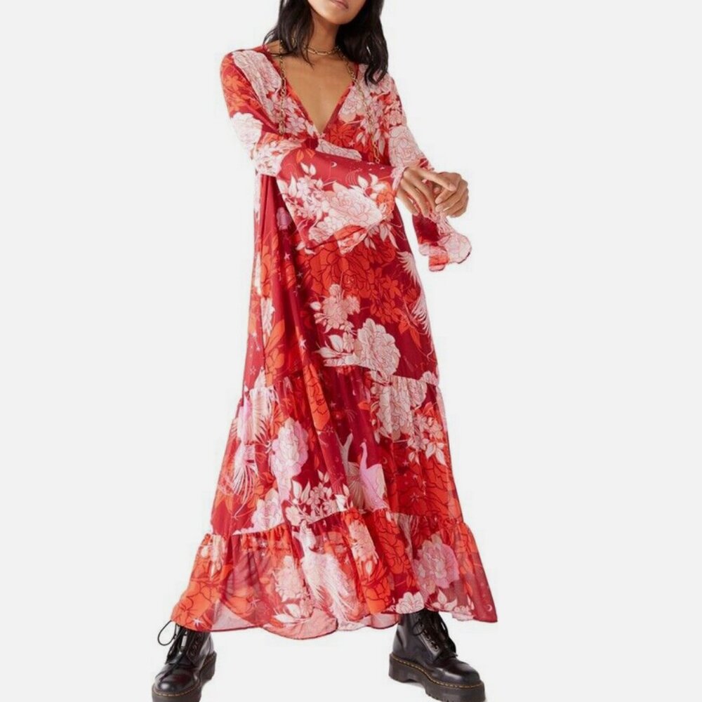 🦚 Free People Moroccan Ruffle Maxi Dress Peacock Roses Print Sheer Boho Tiered